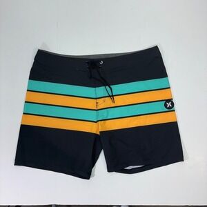Hurley Phantom Mens Board Shorts Size 36 Black Teal Orange Striped Swim Trunks